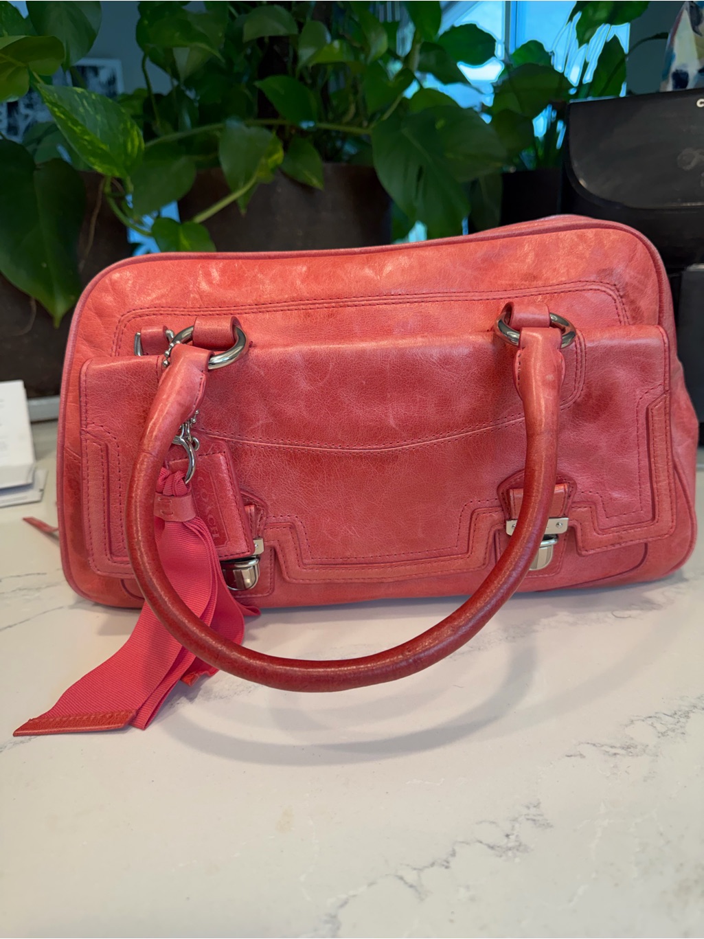 Coach Coral Leather Satchel With Ribbon Accent